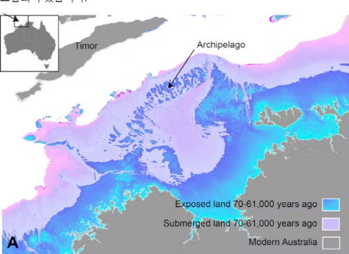 지금은 바다에 잠긴 호주 북서부의 대륙붕. 이중 파란색 부분은 7만년에서 6만1000년 전 사이에는 땅이었을 것으로 분석됐다.  <출처:미국 지질 조사국, Geoscience Australia>